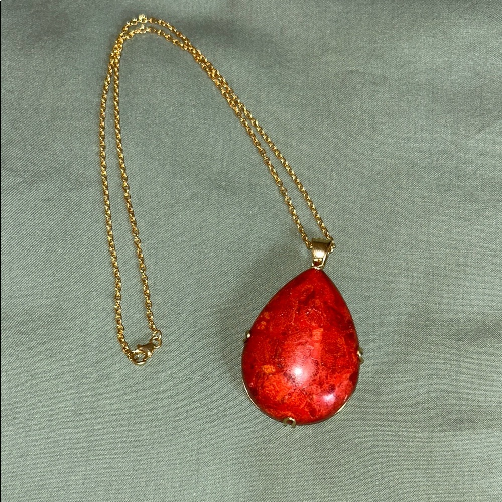 Red Sponge Coral Teardrop Pendant Necklace